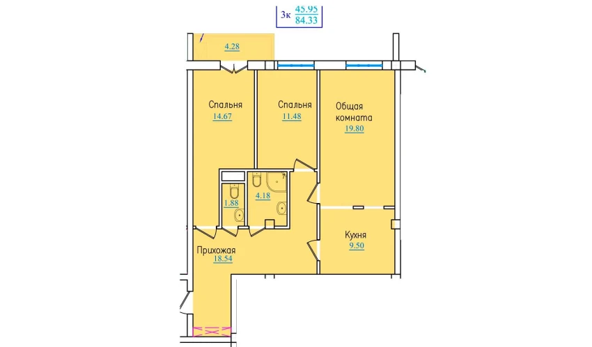 3-xonali xonadon 84.33 m²  8/9 qavat | PROVANS Turar-joy majmuasi