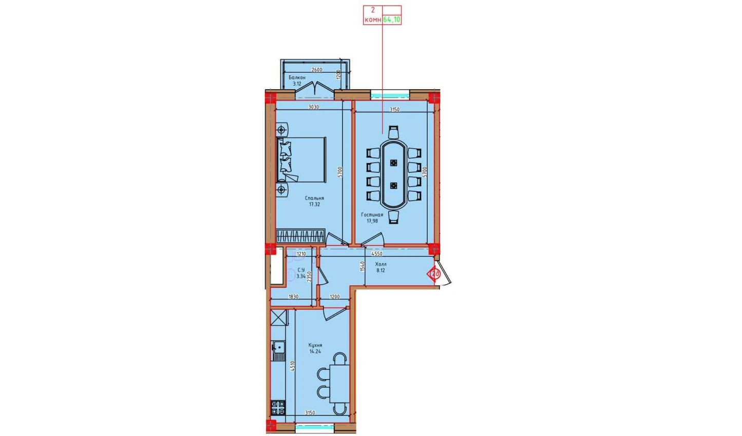 2-xonali xonadon 60.98 m²  2/2 qavat