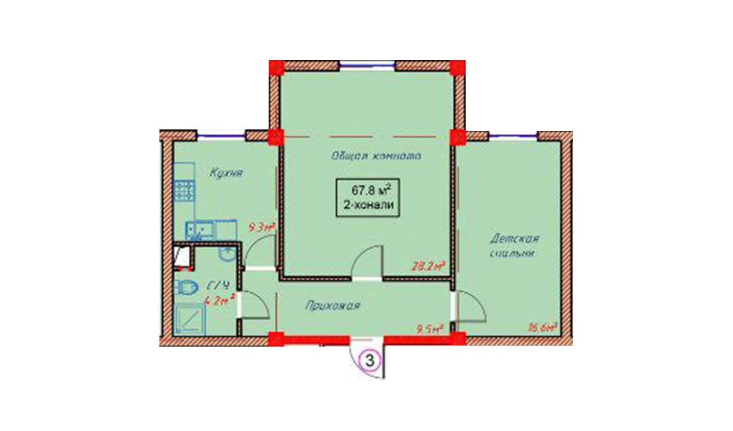 2-xonali xonadon 67.8 m²  1/1 qavat