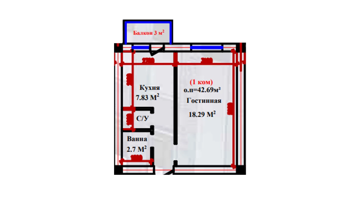 1-xonali xonadon 42.69 m²  1/1 qavat