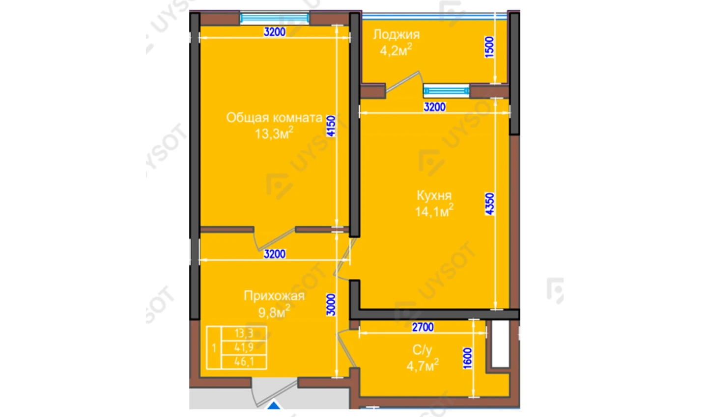 1-комнатная квартира 46.1 м²  2/2 этаж