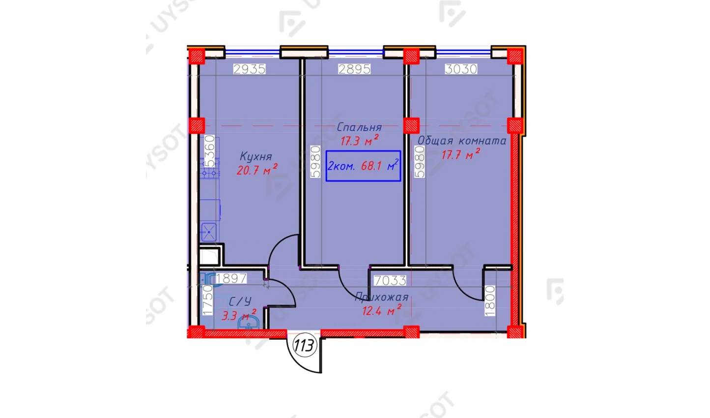 2-комнатная квартира 68.1 м²  1/1 этаж