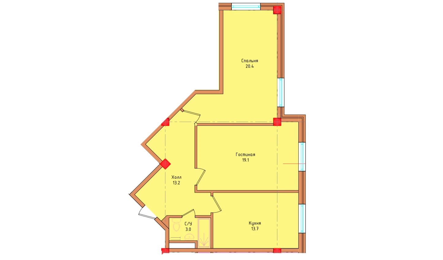 2-xonali xonadon 69.4 m²  1/1 qavat