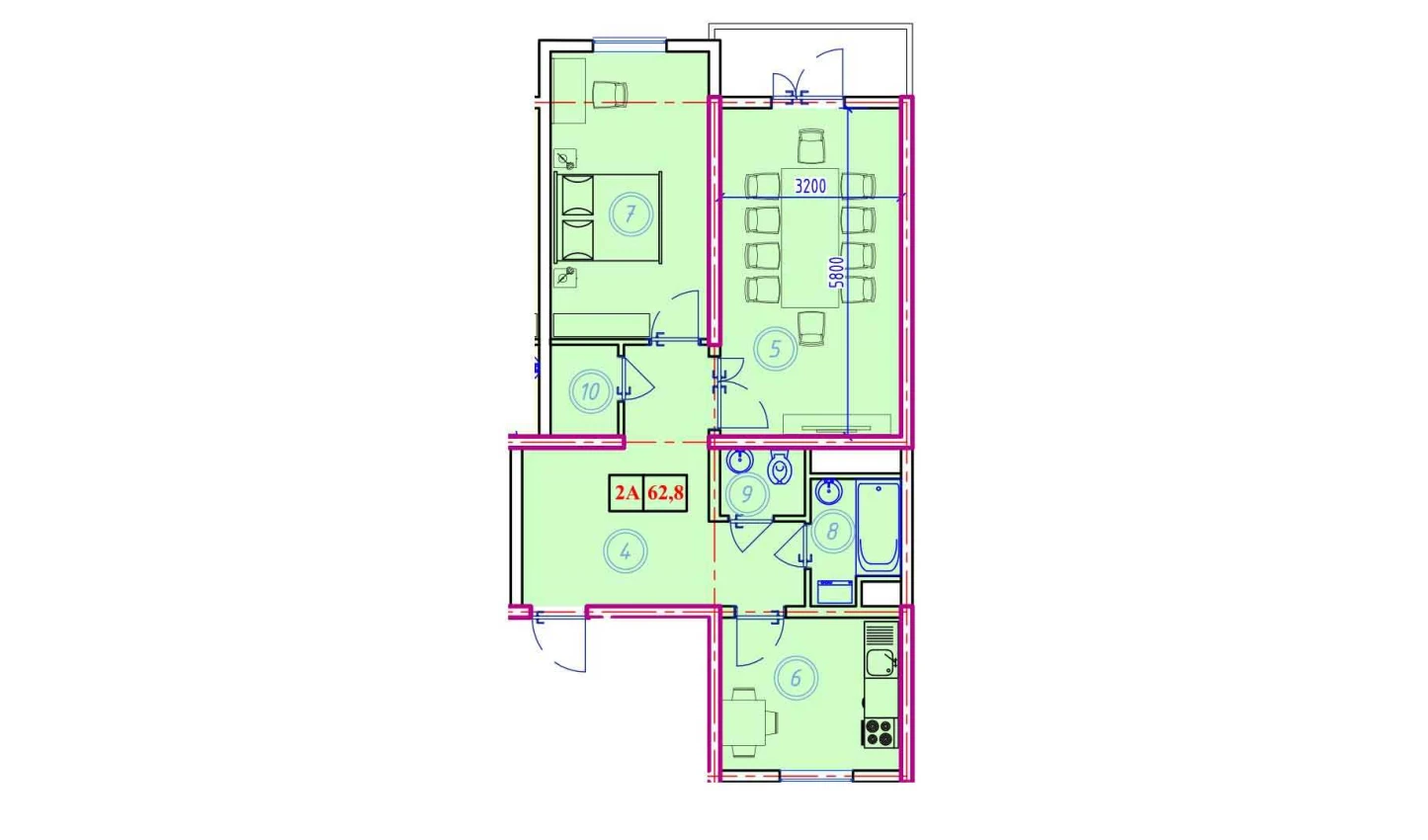 2-комнатная квартира 62.8 м²  5/5 этаж