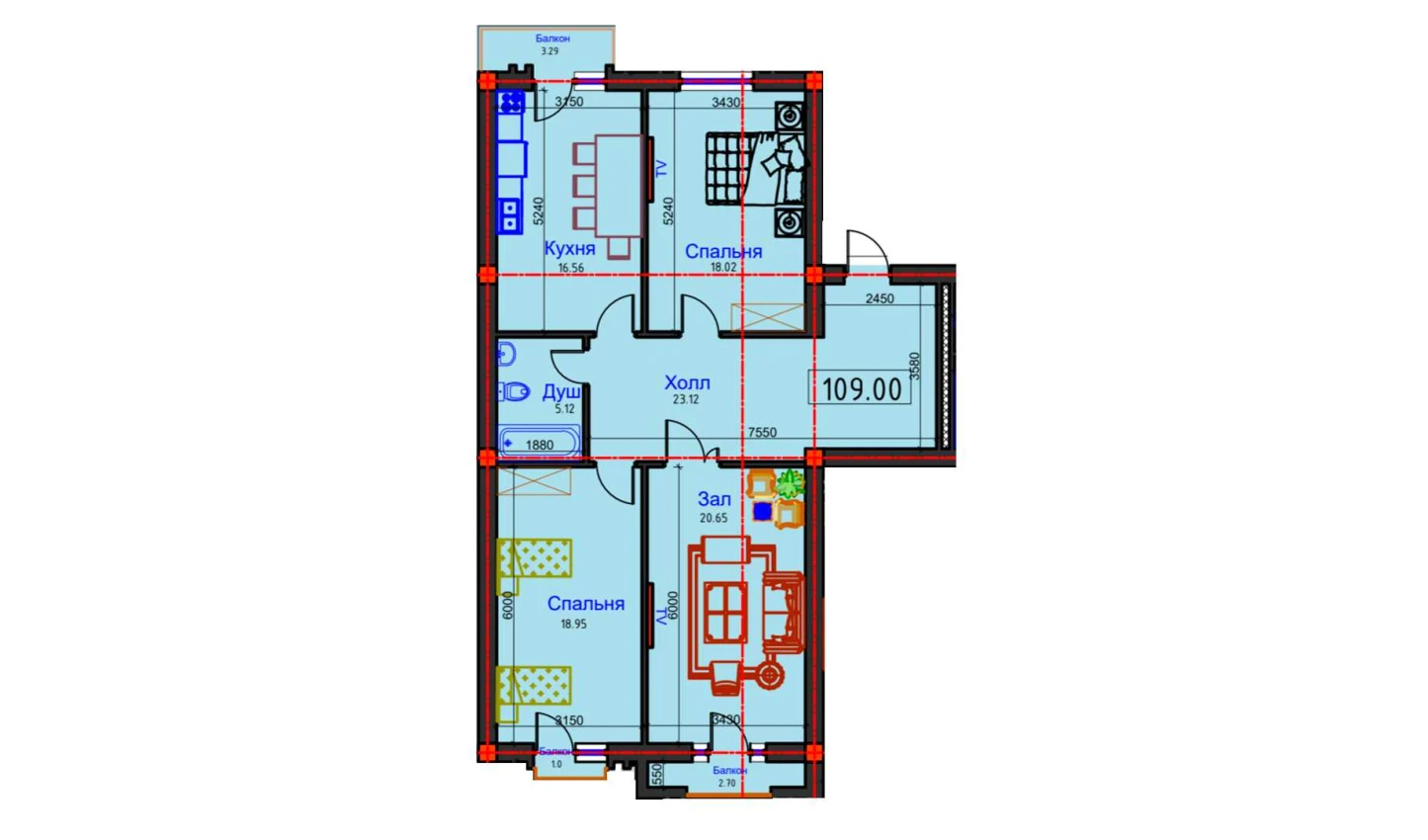 3-xonali xonadon 109 m²  6/6 qavat