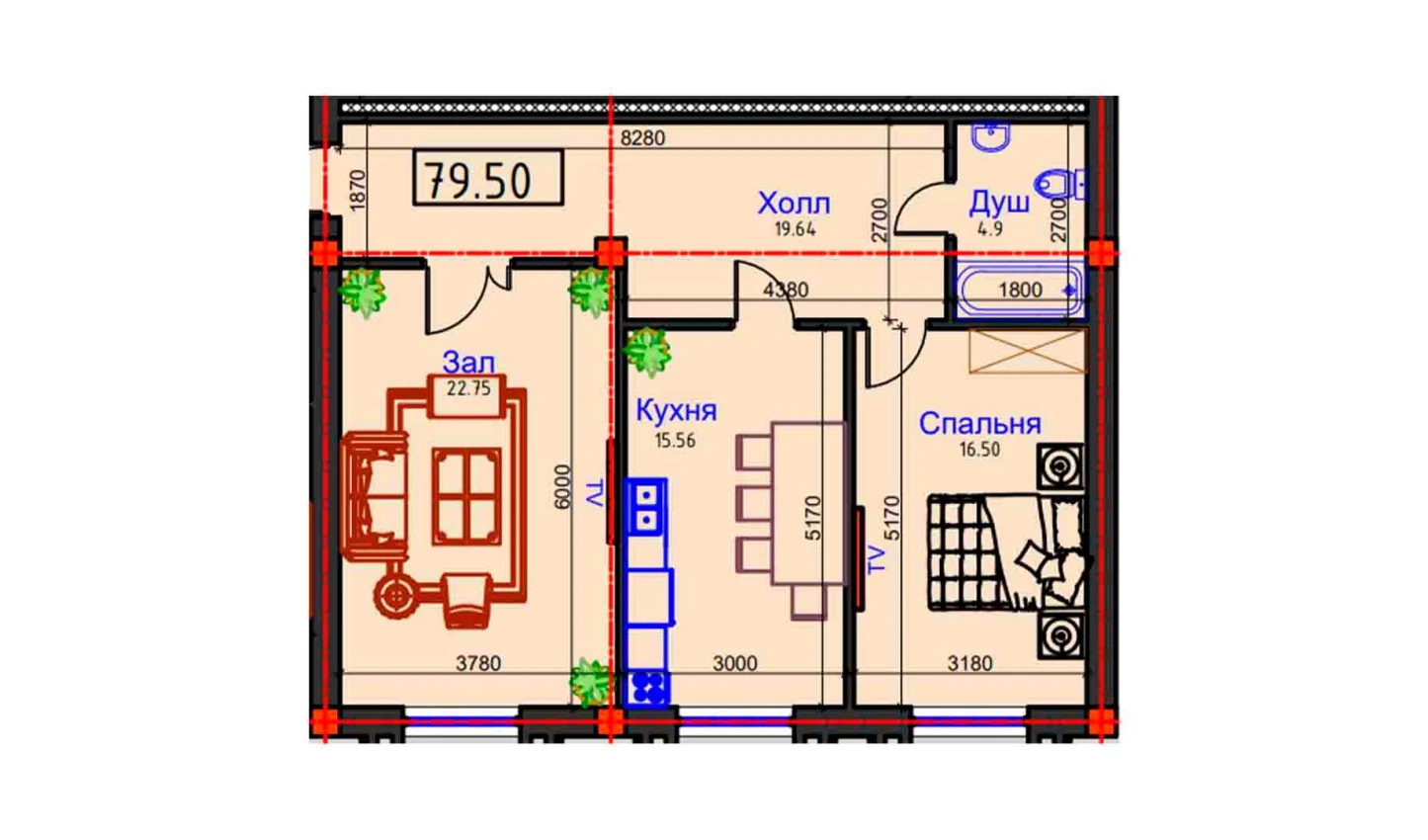 2-xonali xonadon 79.5 m²  1/1 qavat