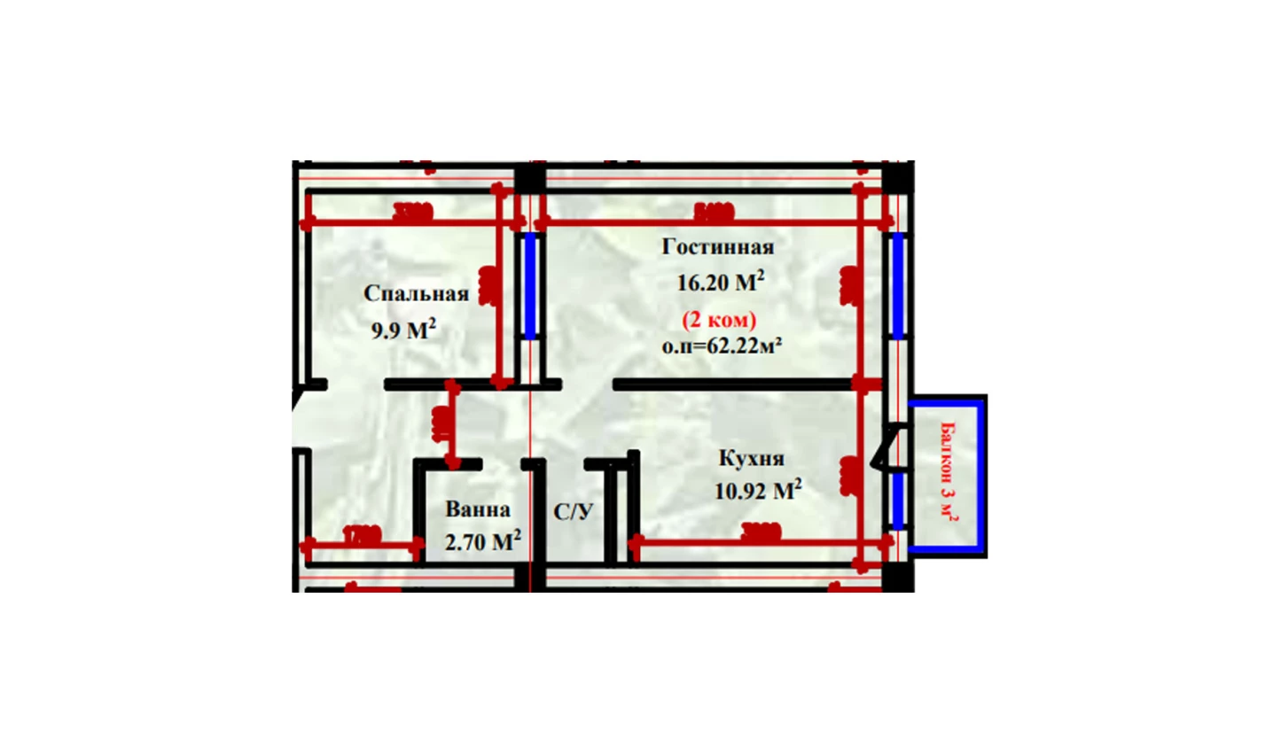 2-xonali xonadon 62.22 m²  1/1 qavat