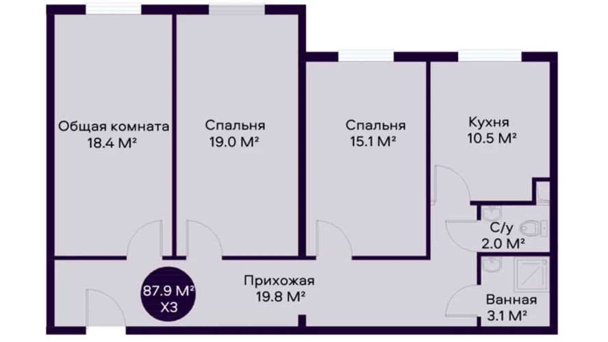 3-xonali xonadon 89.7 m²  1/1 qavat