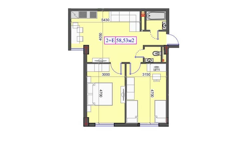 2-комнатная квартира 58.53 м²  1/1 этаж