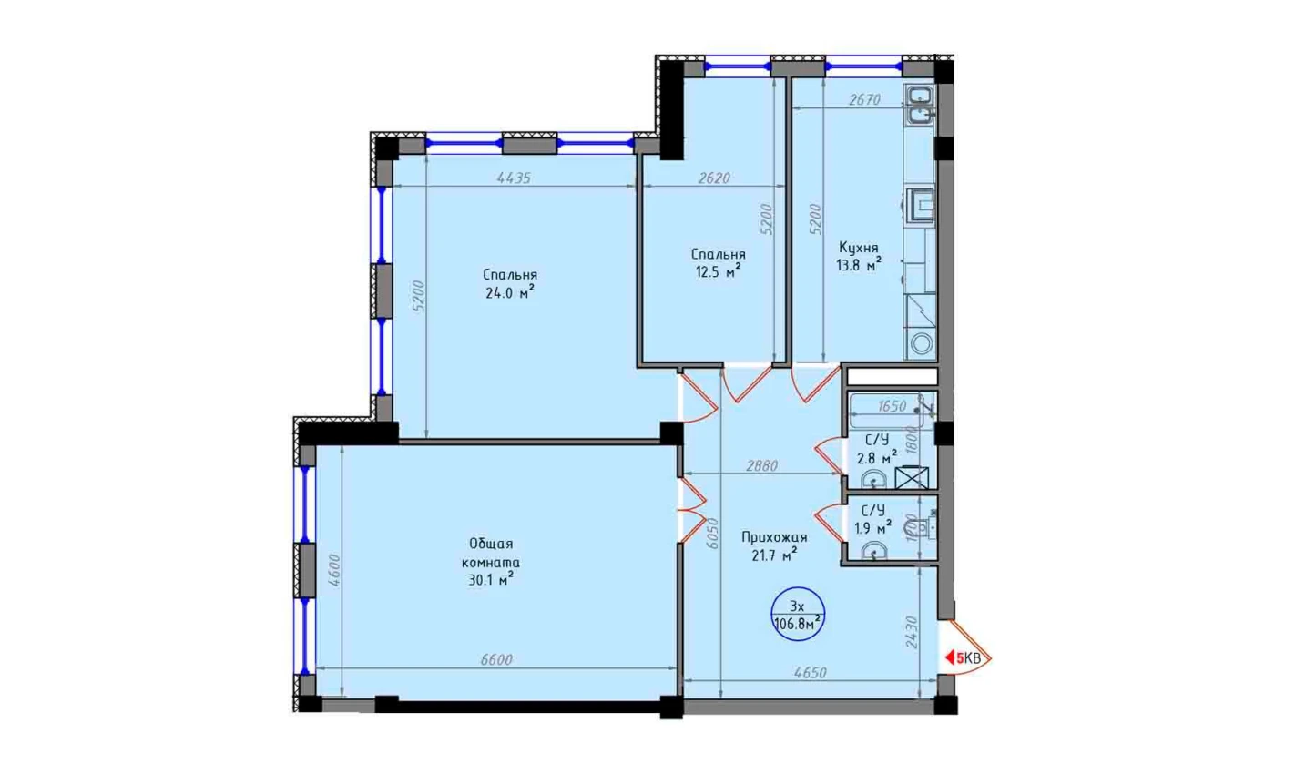 3-комнатная квартира 106.8 м²  4/4 этаж