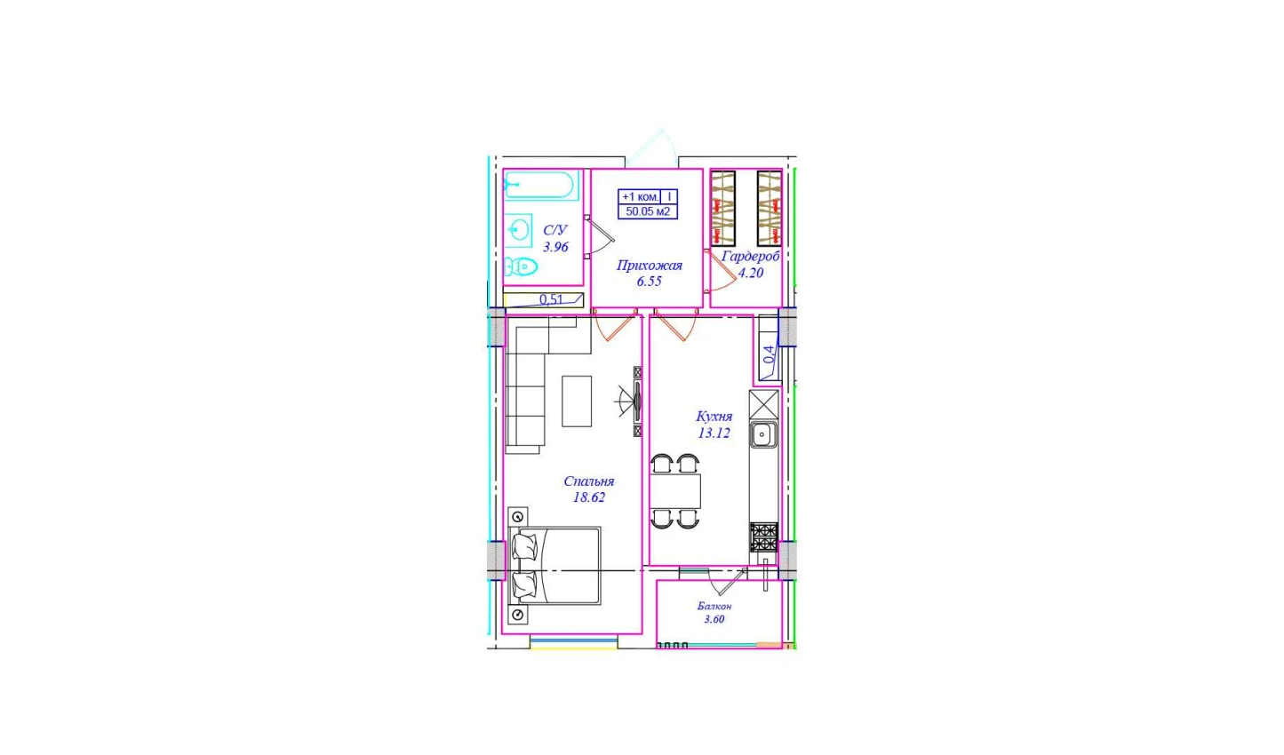 1-комнатная квартира 50.05 м²  5/5 этаж