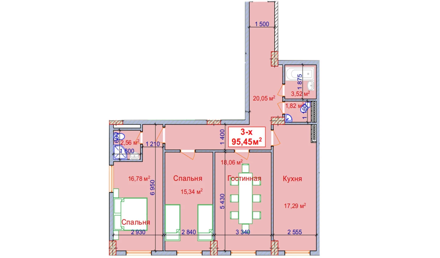 3-xonali xonadon 95.45 m²  1/1 qavat