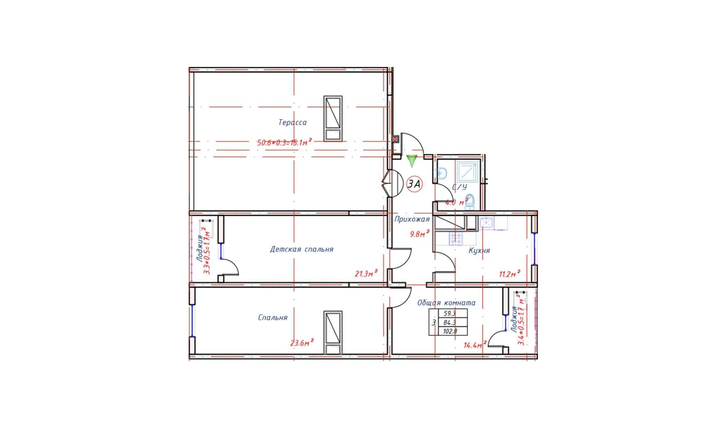 3-комн. квартира 102.8 м²  16/16 этаж | Жилой комплекс TRINITY