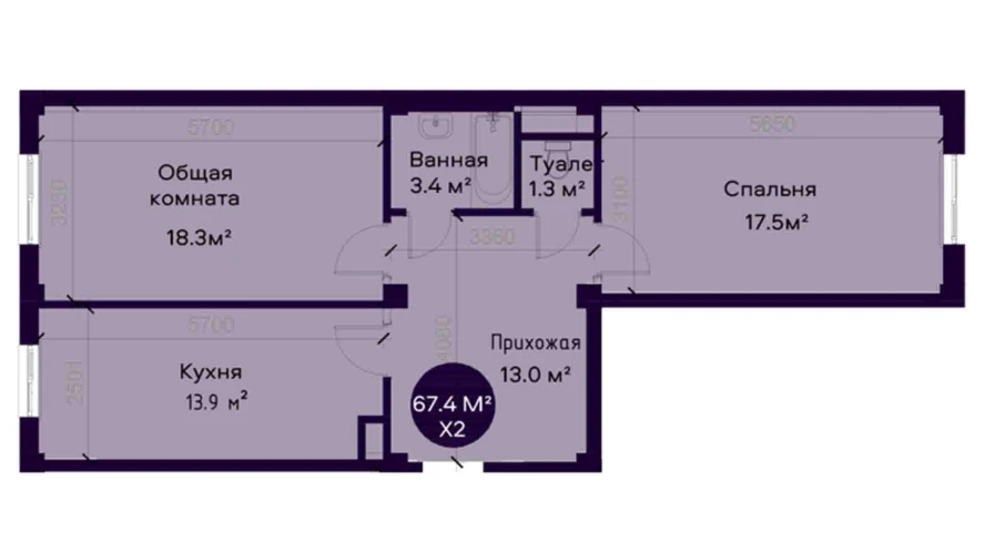 2-комнатная квартира 67.4 м²  2/2 этаж