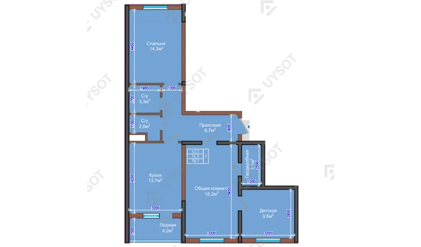 3-xonali xonadon 78.7 m²  2/9 qavat | NUR HAYAT Turar-joy majmuasi