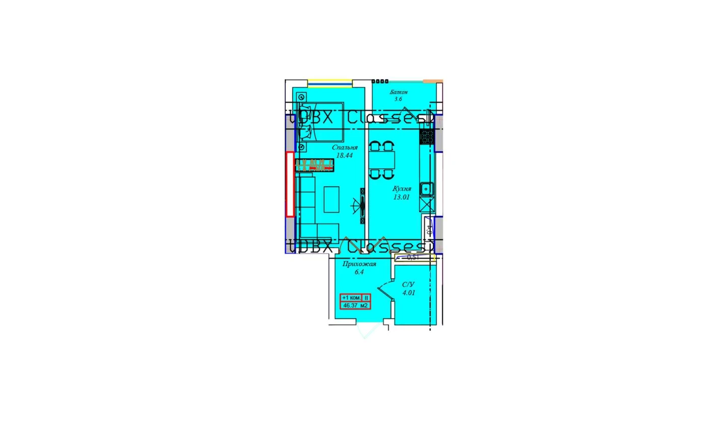 1-xonali xonadon 44.78 m²  15/15 qavat