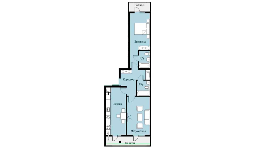 2-xonali xonadon 63.99 m²  8/16 qavat | SOKIN DIYOR Turar-joy majmuasi