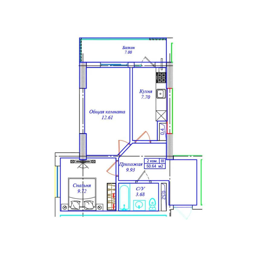 2-комнатная квартира 50.64 м²  10/10 этаж