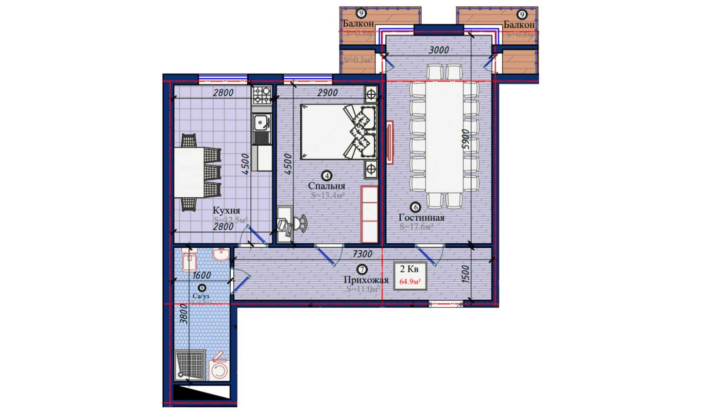 2-комнатная квартира 64.9 м²  2/2 этаж