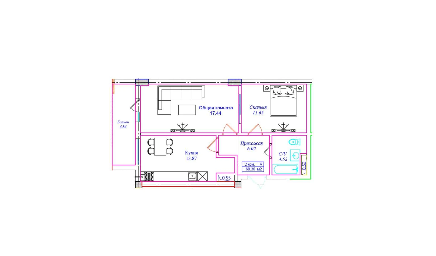 2-комнатная квартира 60.36 м²  5/5 этаж