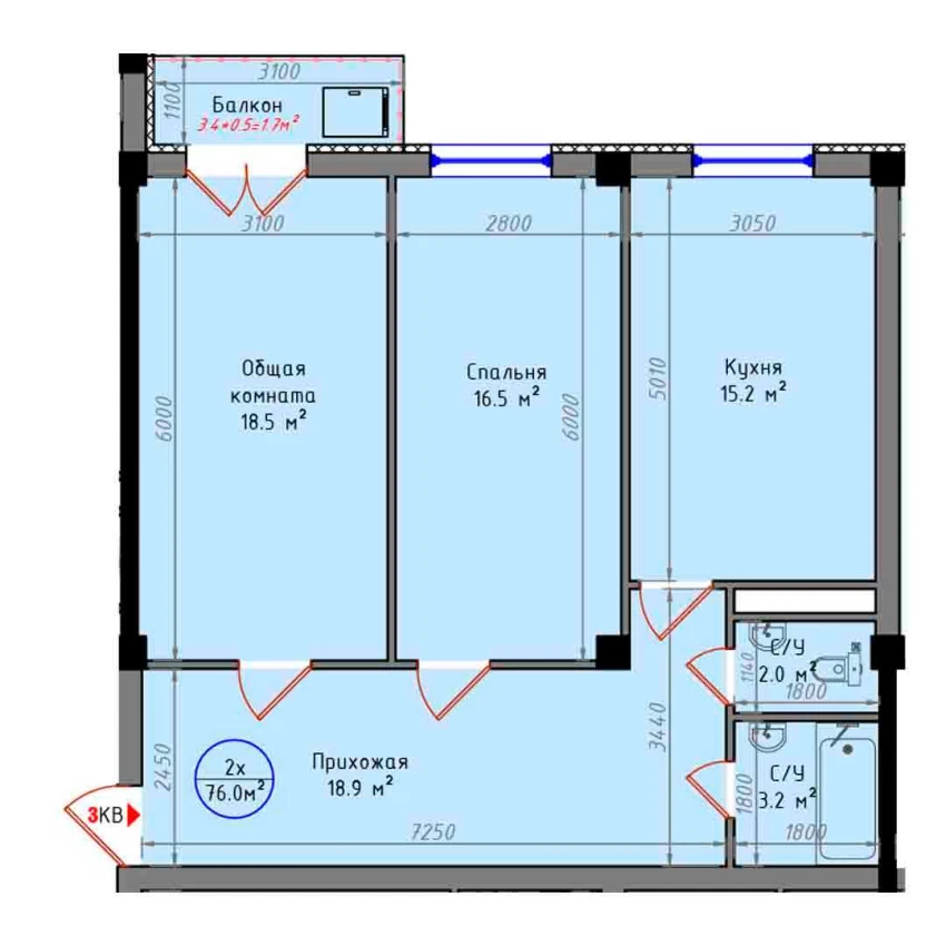 2-комнатная квартира 76 м²  2/2 этаж