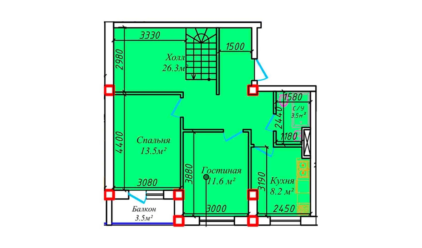 2-комнатная квартира 68 м²  5/5 этаж