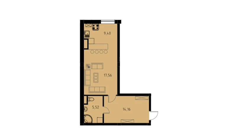 1-xonali xonadon 46.64 m²  2/9 qavat | MINGCHINOR Turar-joy majmuasi