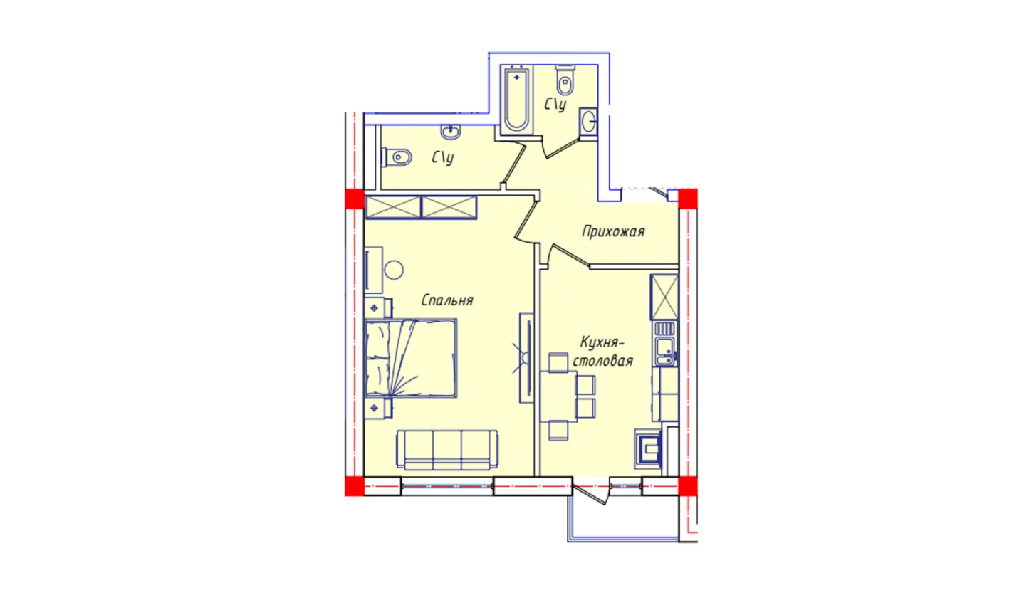 1-комнатная квартира 51.3 м²  5/5 этаж