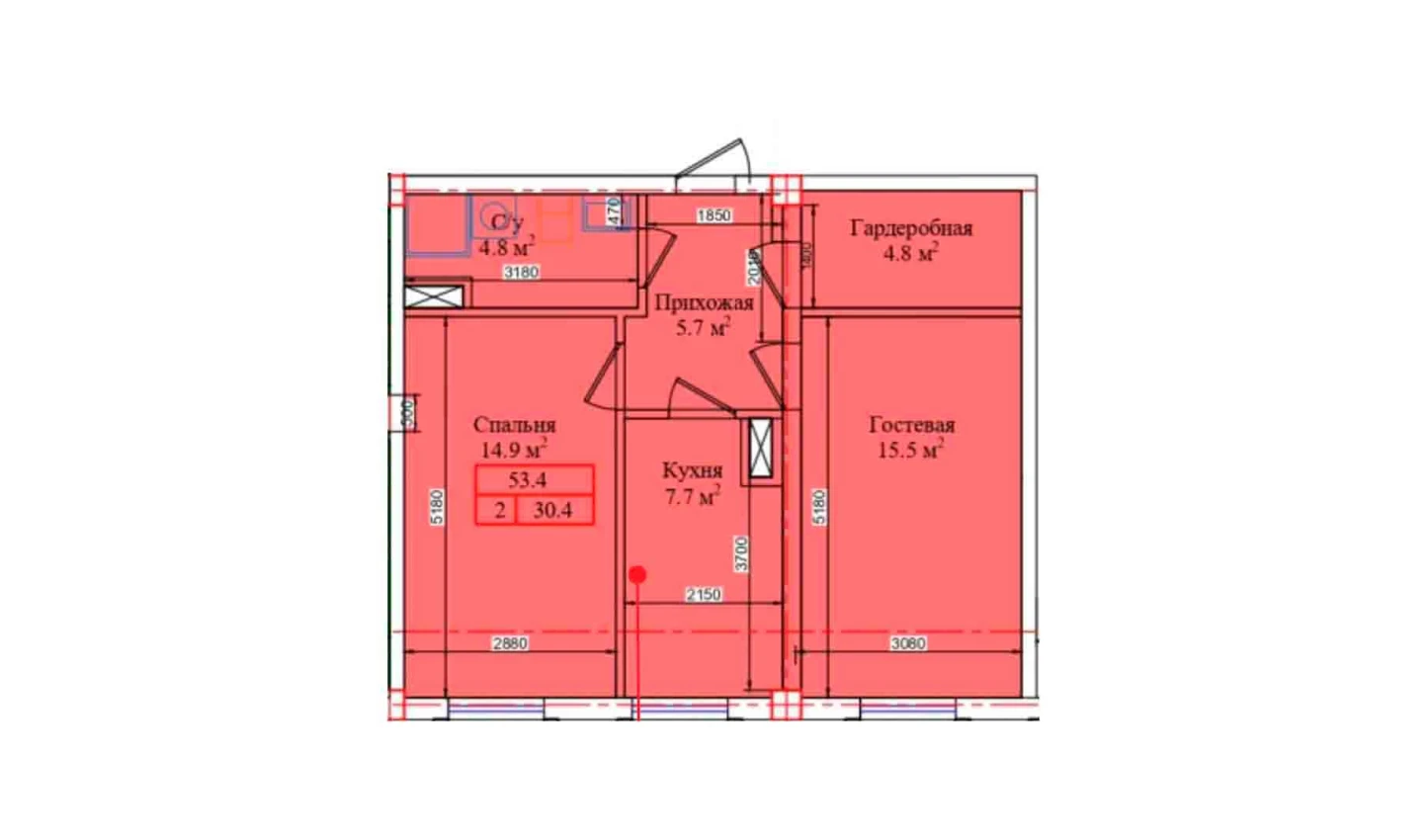 2-комнатная квартира 53.4 м²  1/1 этаж