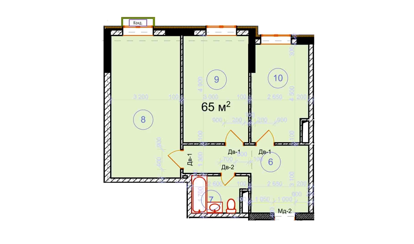 2-xonali xonadon 65 m²  9/9 qavat