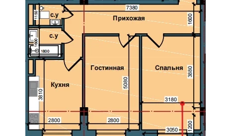 2-комнатная квартира 61.5 м²  1/9 этаж | Жилой комплекс NUR BARAKA