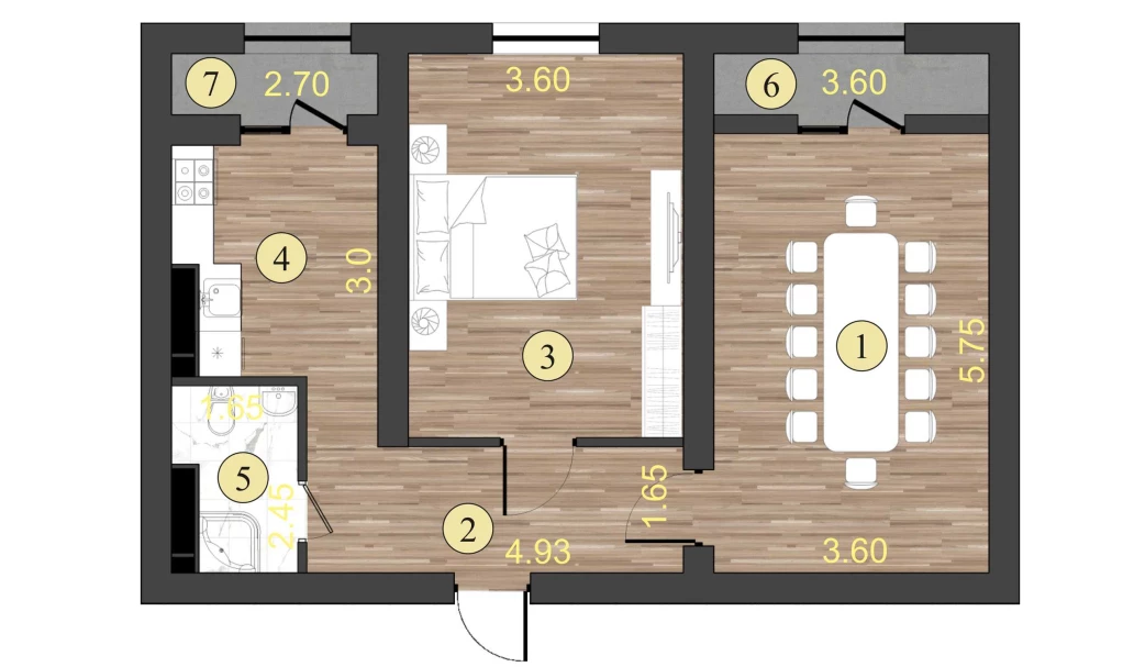 2-комнатная квартира 64 м²  1/1 этаж