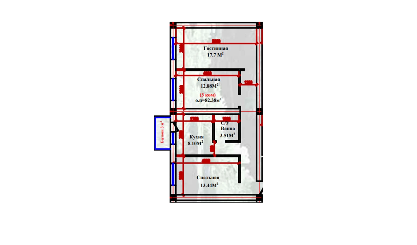 3-xonali xonadon 82.38 m²  1/1 qavat