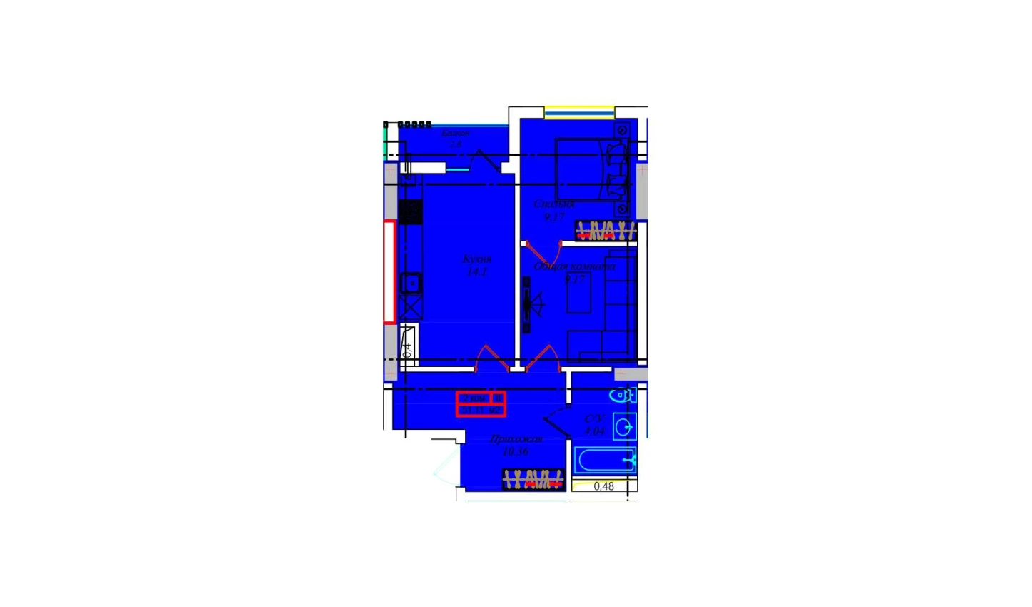 1-xonali xonadon 49.9 m²  4/4 qavat