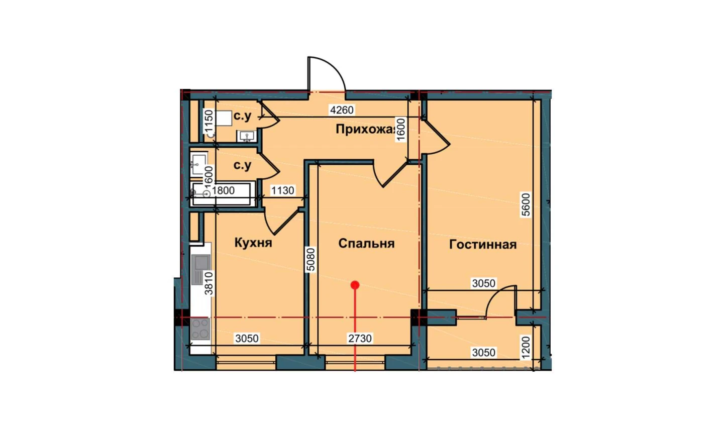 2-комнатная квартира 53.7 м²  2/2 этаж