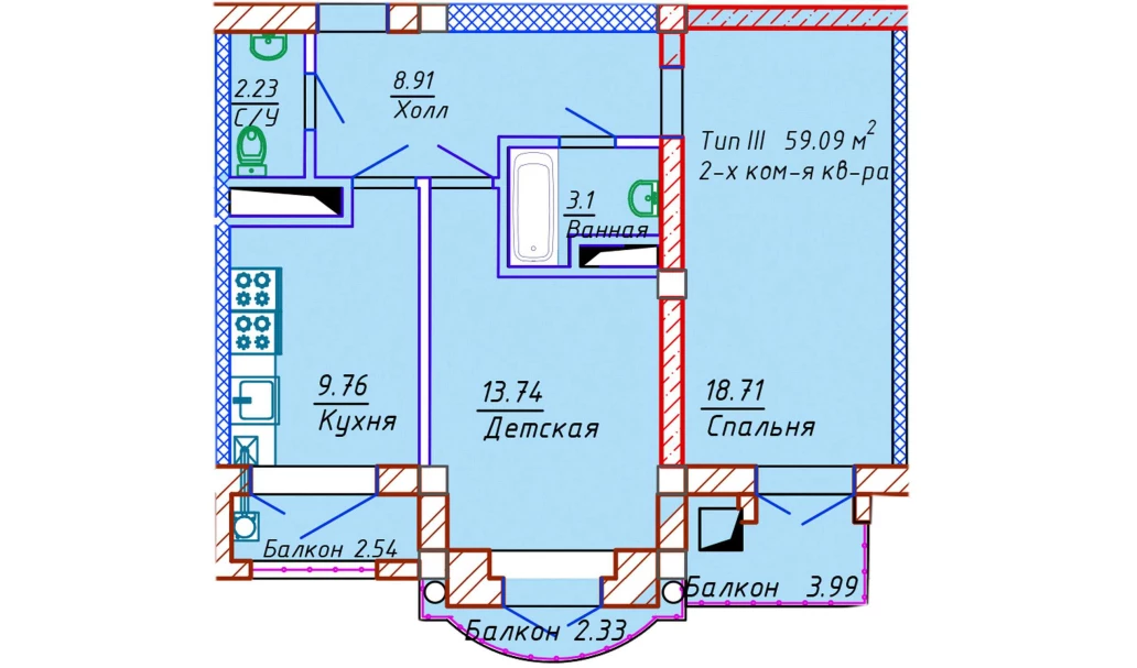 2-комнатная квартира 56.45 м²  8/8 этаж