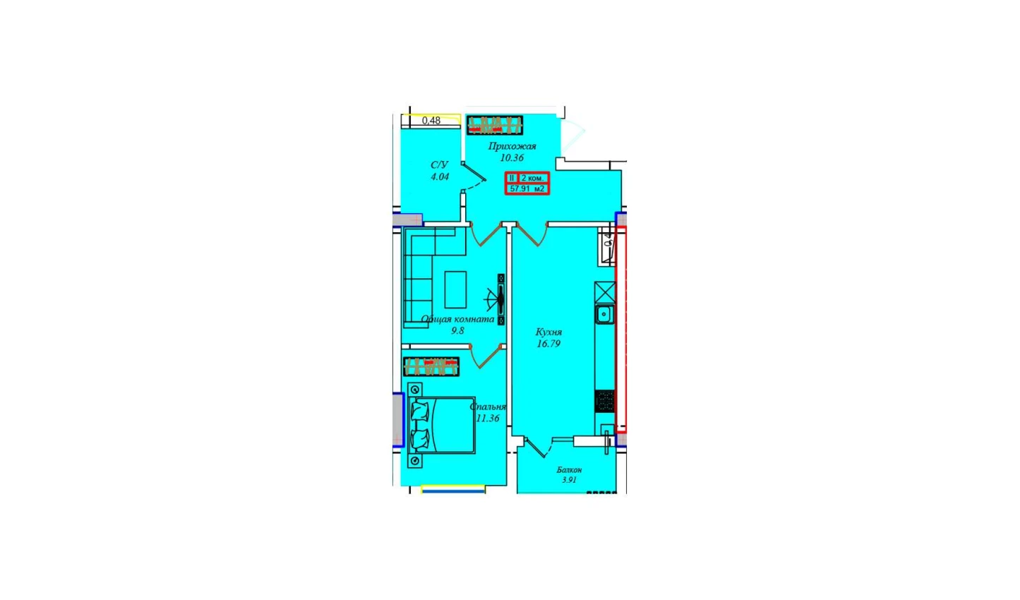 1-комнатная квартира 56.68 м²  5/5 этаж