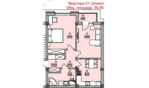 2-комнатная квартира 59.56 м²  3/3 этаж