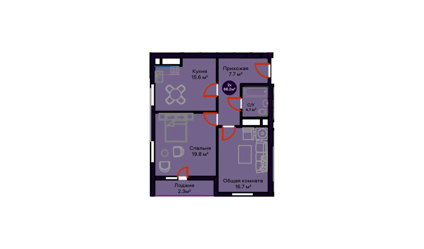 2-комнатная квартира 66.2 м²  4/4 этаж