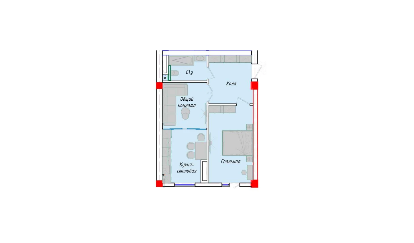 2-комнатная квартира 40.69 м²  1/1 этаж