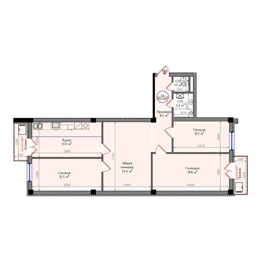 4-комнатная квартира 105.5 м²  11/11 этаж