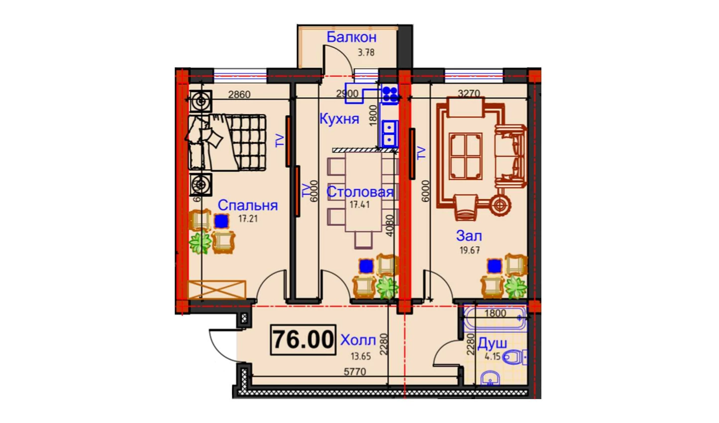 2-xonali xonadon 76 m²  12/12 qavat