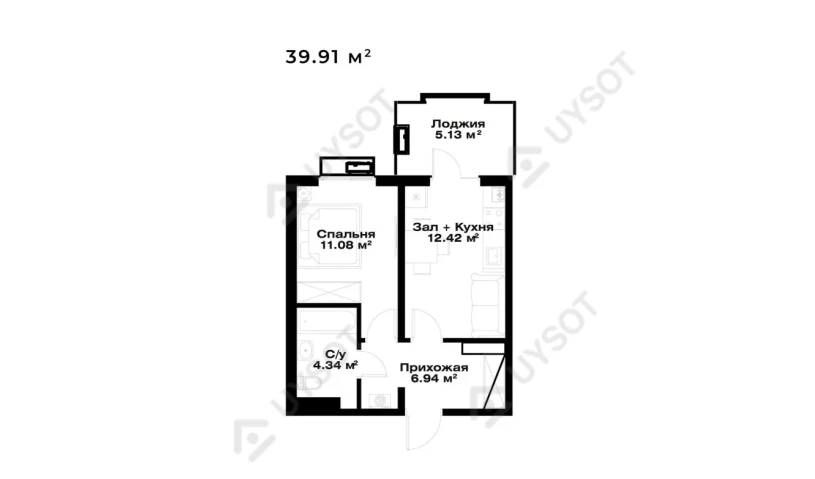 1-xonali xonadon 33.91 m²  2/15 qavat | Assalom Bog'lar Turar-joy majmuasi