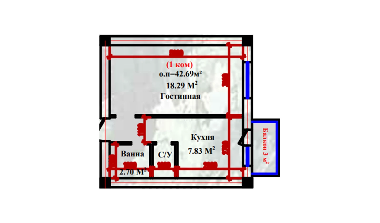 1-xonali xonadon 42.69 m²  1/1 qavat