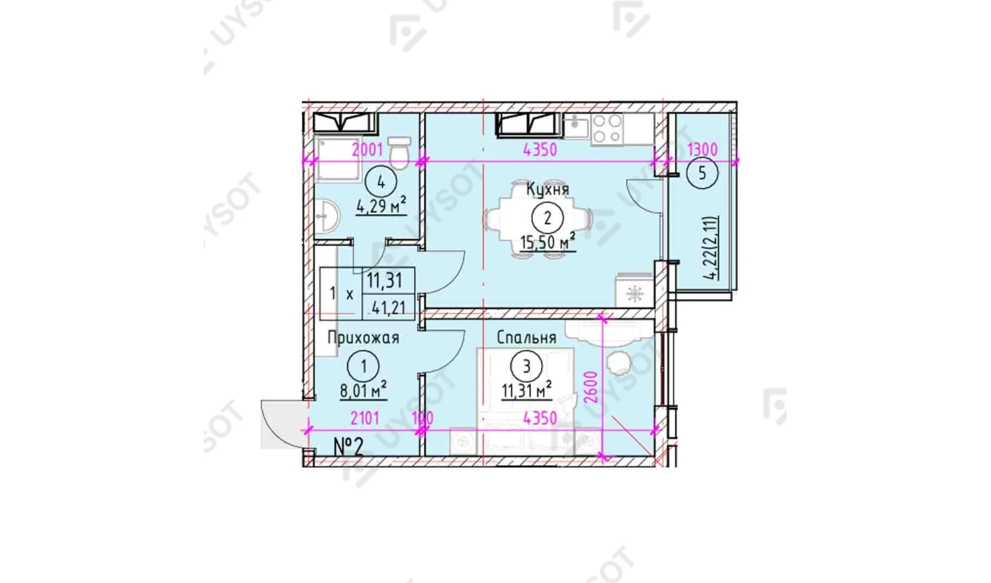 1-xonali xonadon 41.21 m²  2-6/2-6 qavat