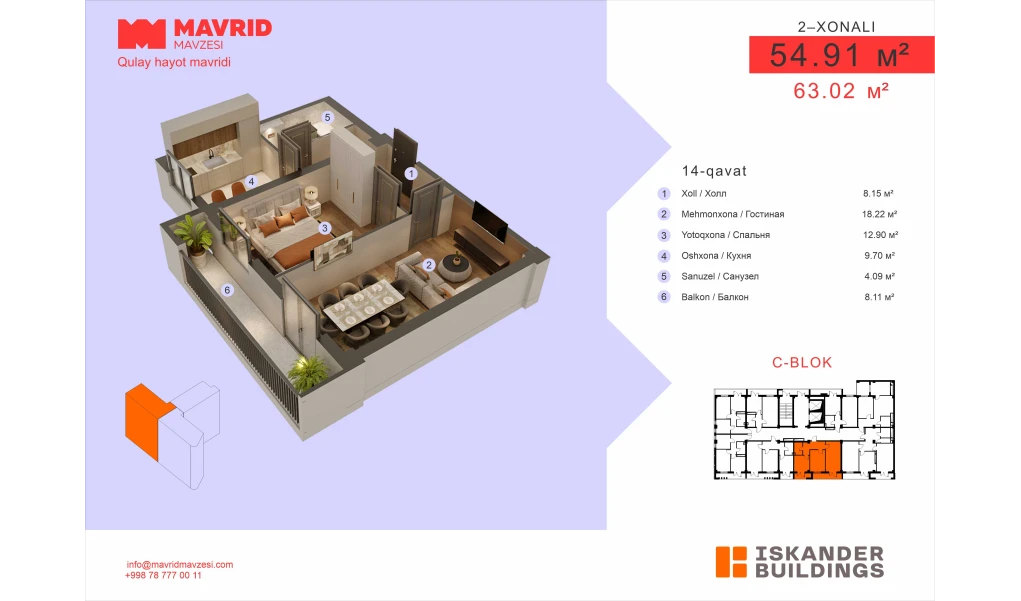 2-комнатная квартира 54.91 м²  14/14 этаж