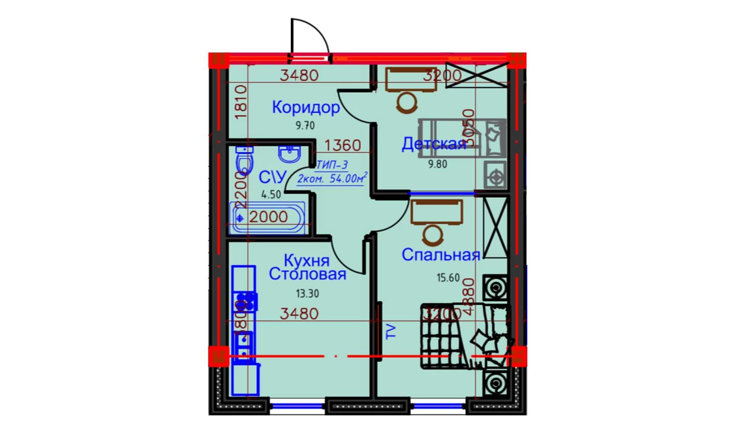 2-комнатная квартира 54 м²  7/7 этаж