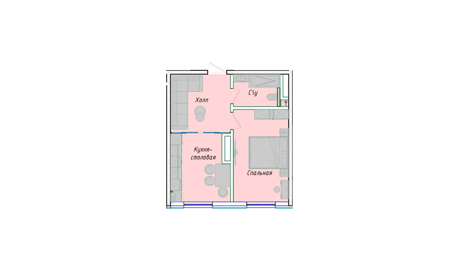 1-комнатная квартира 39.02 м²  1/1 этаж