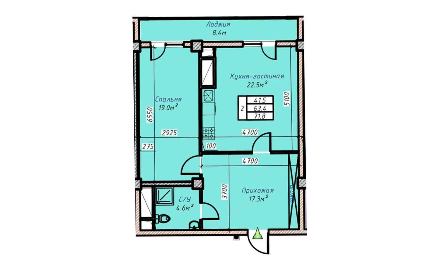 2-xonali xonadon 71.8 m²  11/11 qavat