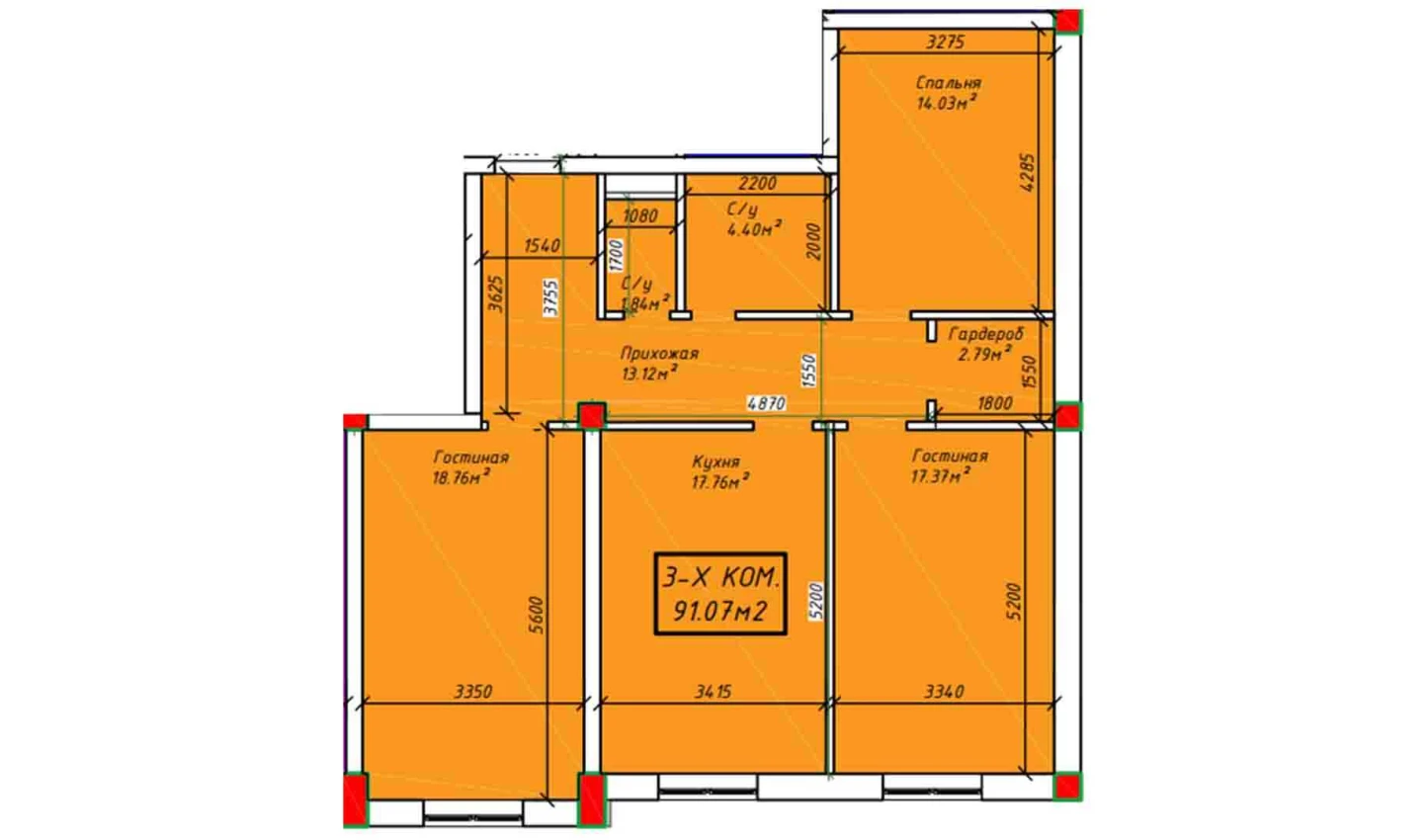 3-комнатная квартира 91.07 м²  3/3 этаж